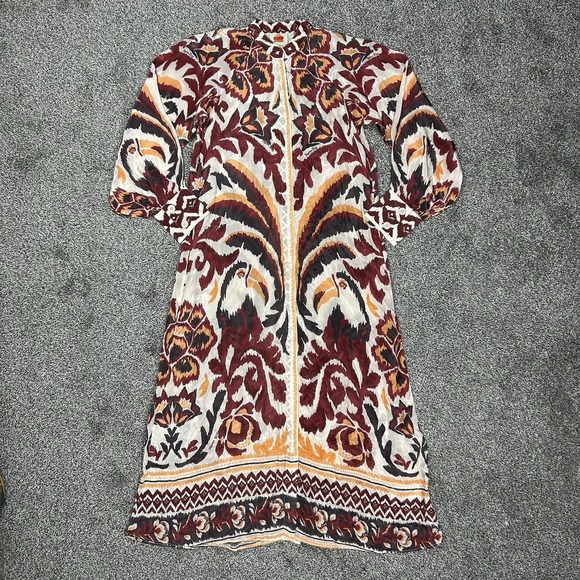 NWOT Farm Rio Cream Toucans Scarf Maxi Dress Womens‎ XS Long Sleeve NO TIE SCARF - Picture 1 of 16